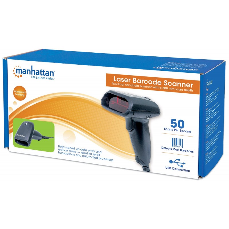 Manhattan Laser Handheld Barcode Scanner, USB, 300mm Scan Depth, Standard Housing, Cable 1.5m, Max Ambient Light 5,000 lux