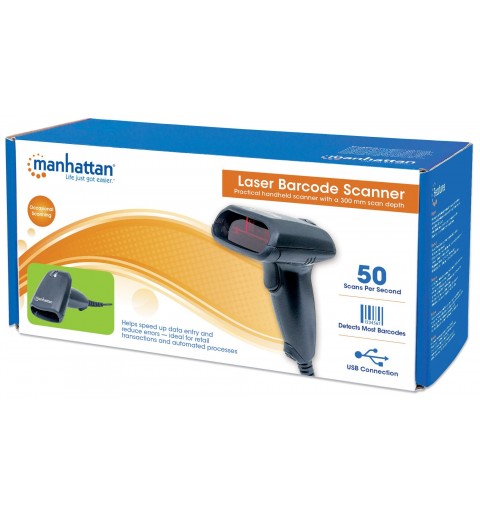 Manhattan Laser Handheld Barcode Scanner, USB, 300mm Scan Depth, Standard Housing, Cable 1.5m, Max Ambient Light 5,000 lux