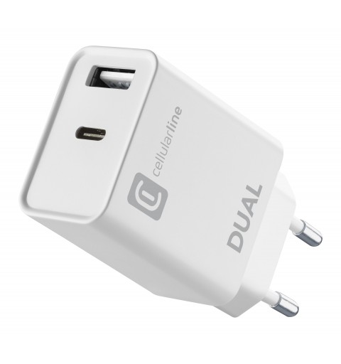 Cellularline Dual Charger - iPhone 8 or later Mains charger with 2 USB and USB-C ports for simultaneously charging two Apple