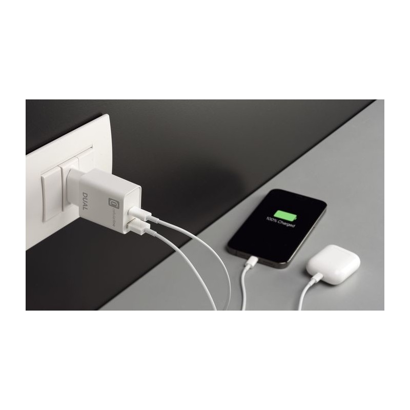 Cellularline Dual Charger - iPhone 8 or later Mains charger with 2 USB and USB-C ports for simultaneously charging two Apple