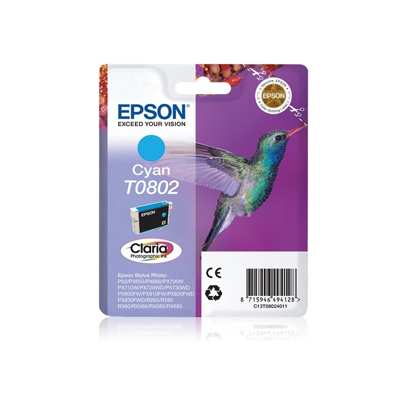 Epson Hummingbird Singlepack Cyan T0802 Claria Photographic Ink