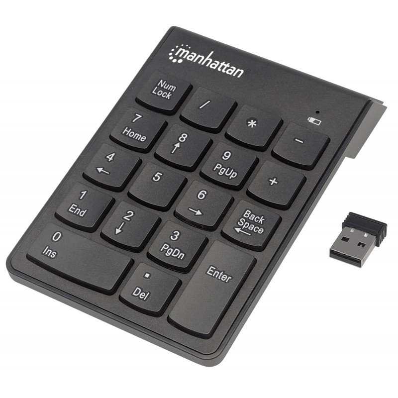 Manhattan Numeric Keypad, Wireless (2.4GHz), USB-A Micro Receiver, 18 Full Size Keys, Black, Membrane Key Switches, Auto Power