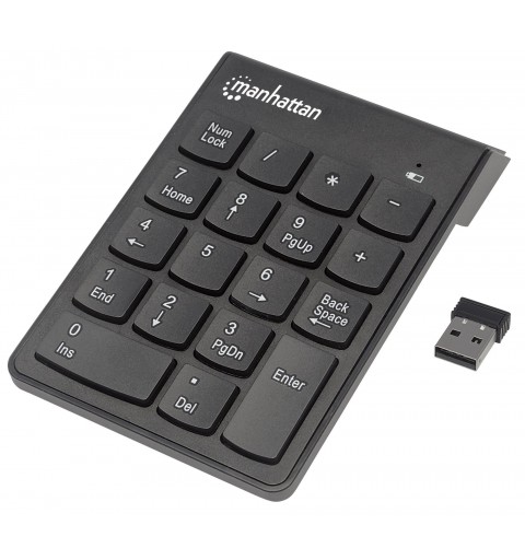 Manhattan Numeric Keypad, Wireless (2.4GHz), USB-A Micro Receiver, 18 Full Size Keys, Black, Membrane Key Switches, Auto Power