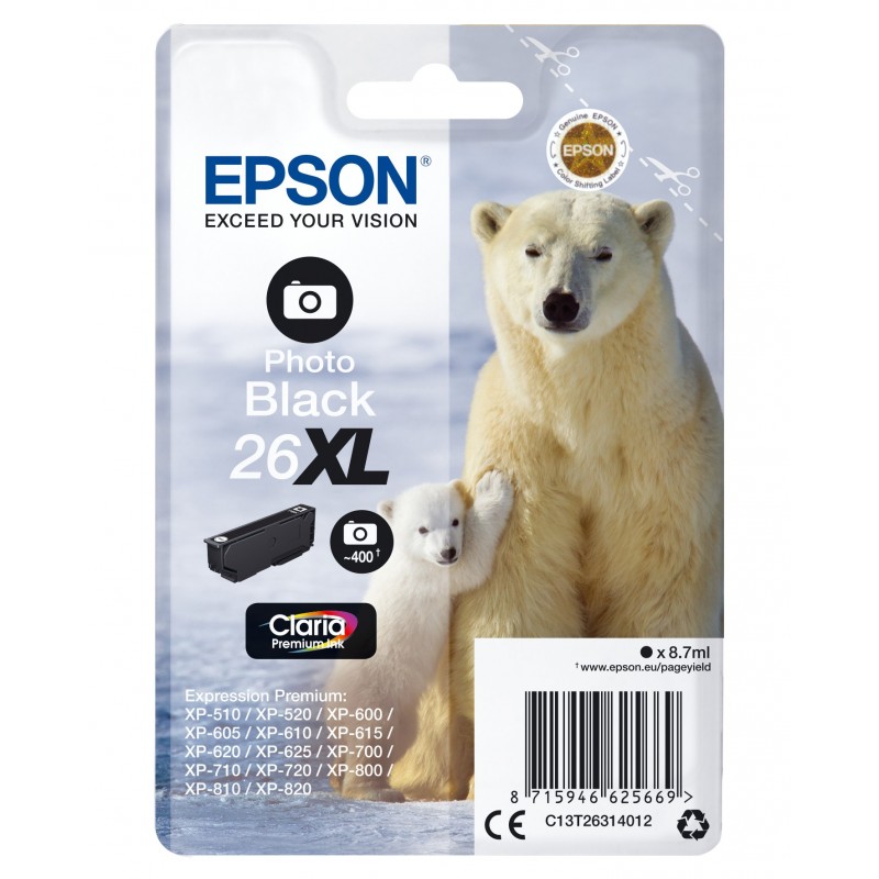 Epson Polar bear Singlepack Photo Black 26XL Claria Premium Ink