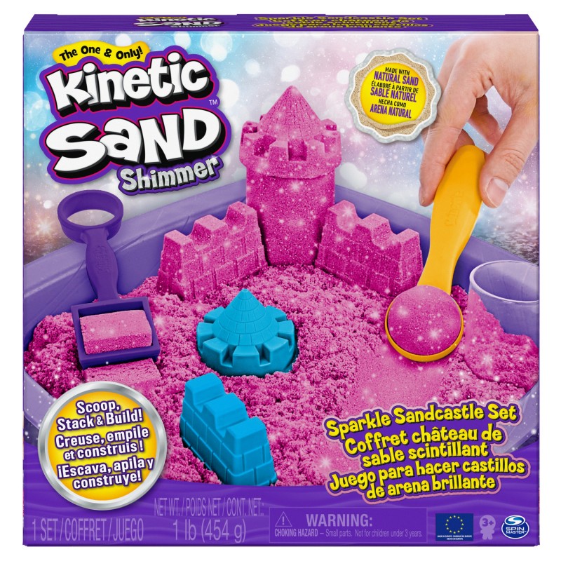 Kinetic Sand Shimmer, juego para hacer castillos de arena con 453 g de brillante de color rosa, 3 moldes y 2 herramientas