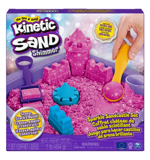 Kinetic Sand Shimmer, juego para hacer castillos de arena con 453 g de brillante de color rosa, 3 moldes y 2 herramientas