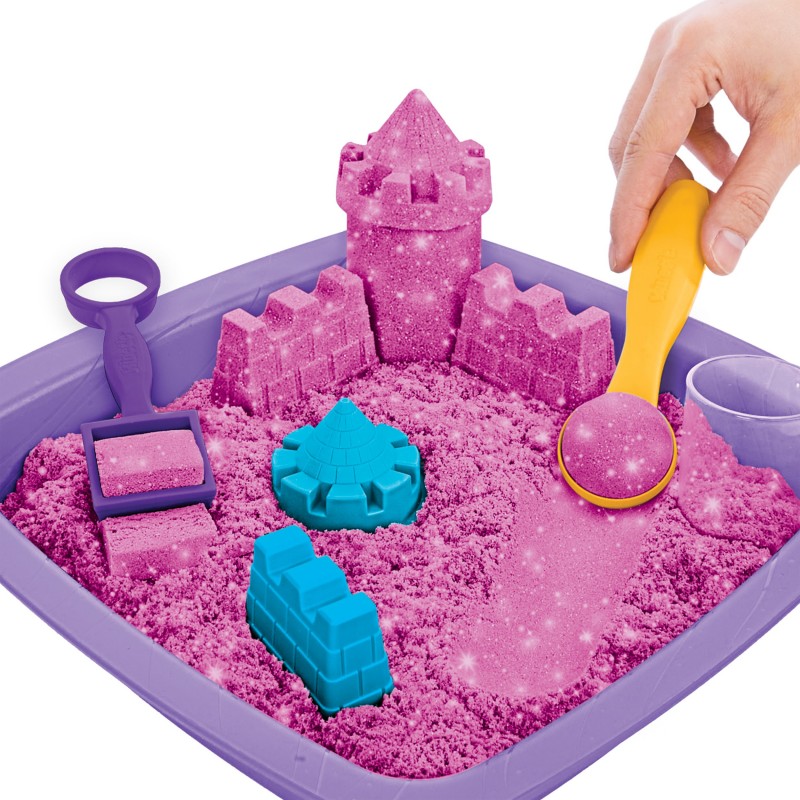 Kinetic Sand Shimmer, Coffret Château de sable scintillant avec 453 g de scintillant rose, 3 moules et 2 outils