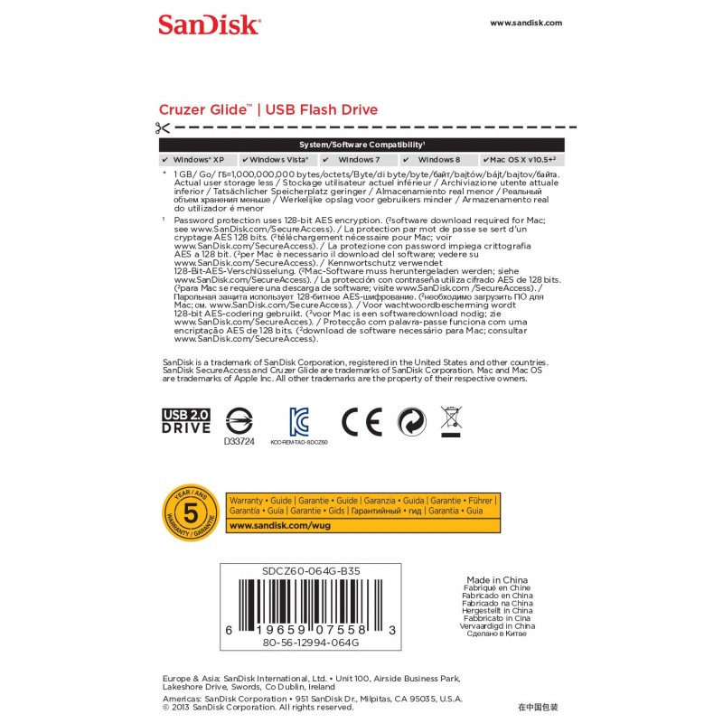 SanDisk Cruzer Glide unità flash USB 64 GB USB tipo A 2.0 Nero, Rosso