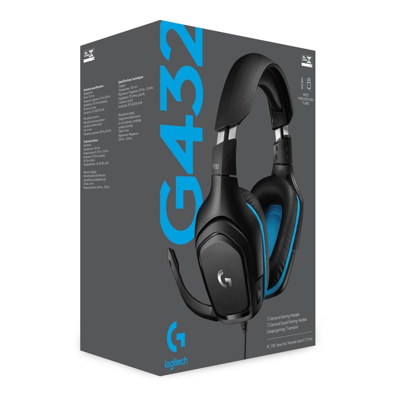 Logitech G G432 7.1 Surround Sound Wired Gaming Headset Auricolare Cablato A Padiglione Giocare Nero, Blu