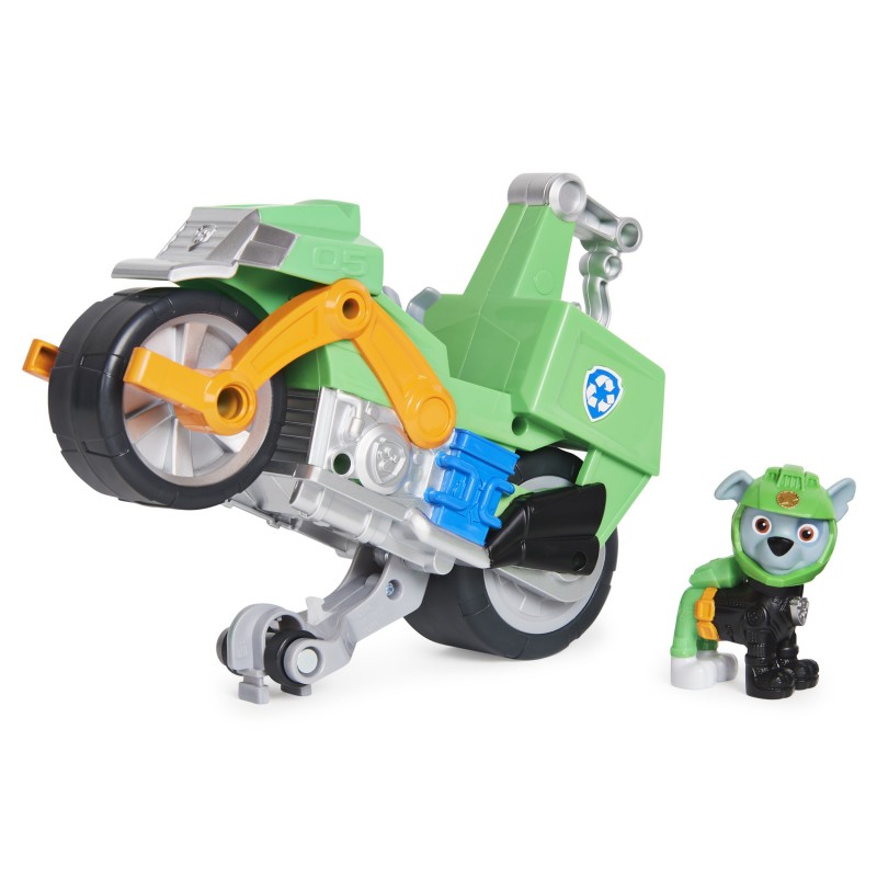 PAW Patrol Moto Pups Rockys Motorrad mit Spielfigur, Fahrzeug mit Rückzugs- und Wheelie-Funktion, ab 3 Jahren, Basis Fahrzeug