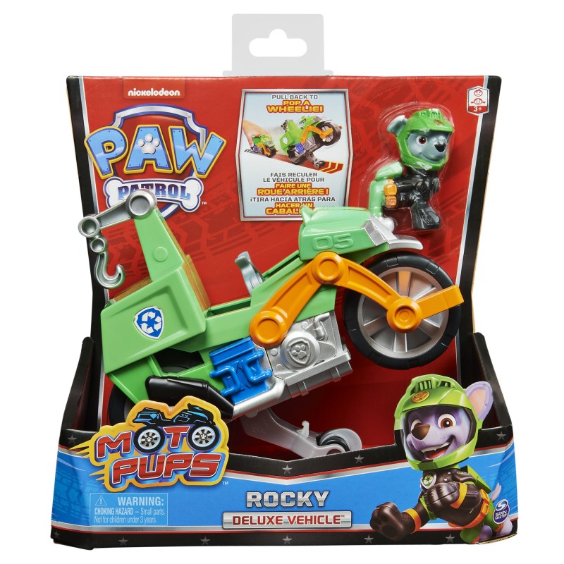 PAW Patrol , Moto Pups Rocky’s Deluxe Pull Back Motorcycle Vehicle with Wheelie Feature and Figure