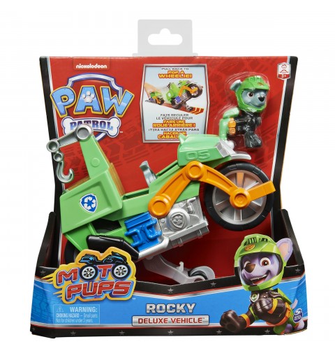 PAW Patrol , Moto Pups Rocky’s Deluxe Pull Back Motorcycle Vehicle with Wheelie Feature and Figure