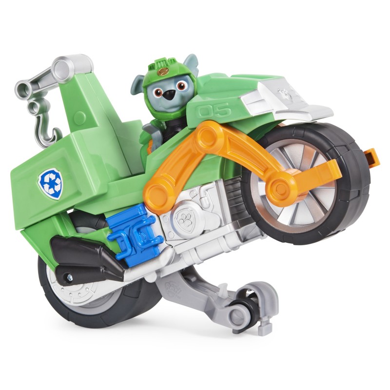 PAW Patrol , Moto Pups Rocky’s Deluxe Pull Back Motorcycle Vehicle with Wheelie Feature and Figure