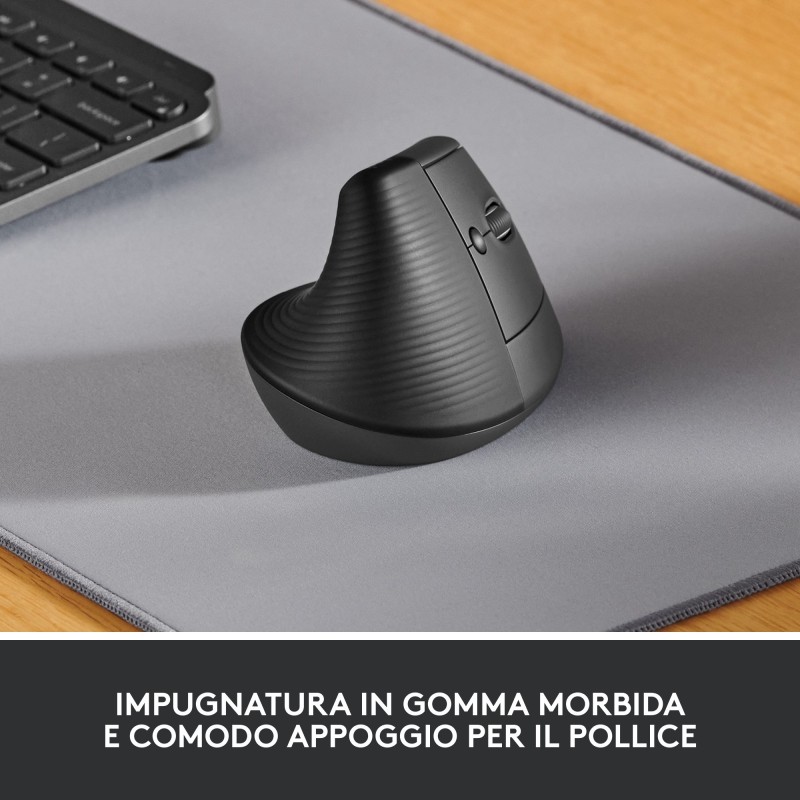 Logitech Lift Mouse Ergonomico Verticale, Senza Fili, Ricevitore Bluetooth o Logi Bolt USB, Clic Silenziosi, 4 Tasti,