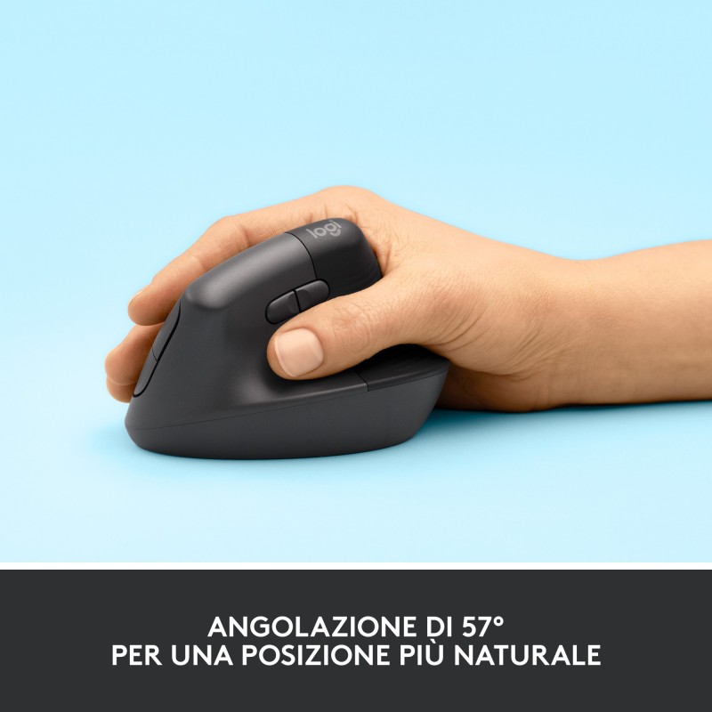 Logitech Lift Mouse Ergonomico Verticale, Senza Fili, Ricevitore Bluetooth o Logi Bolt USB, Clic Silenziosi, 4 Tasti,