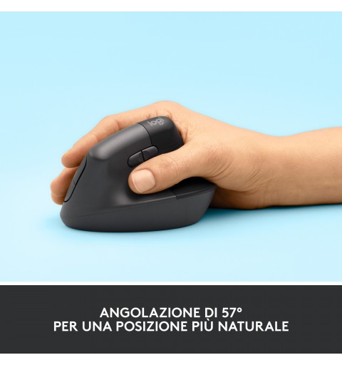 Logitech Lift Mouse Ergonomico Verticale, Senza Fili, Ricevitore Bluetooth o Logi Bolt USB, Clic Silenziosi, 4 Tasti,