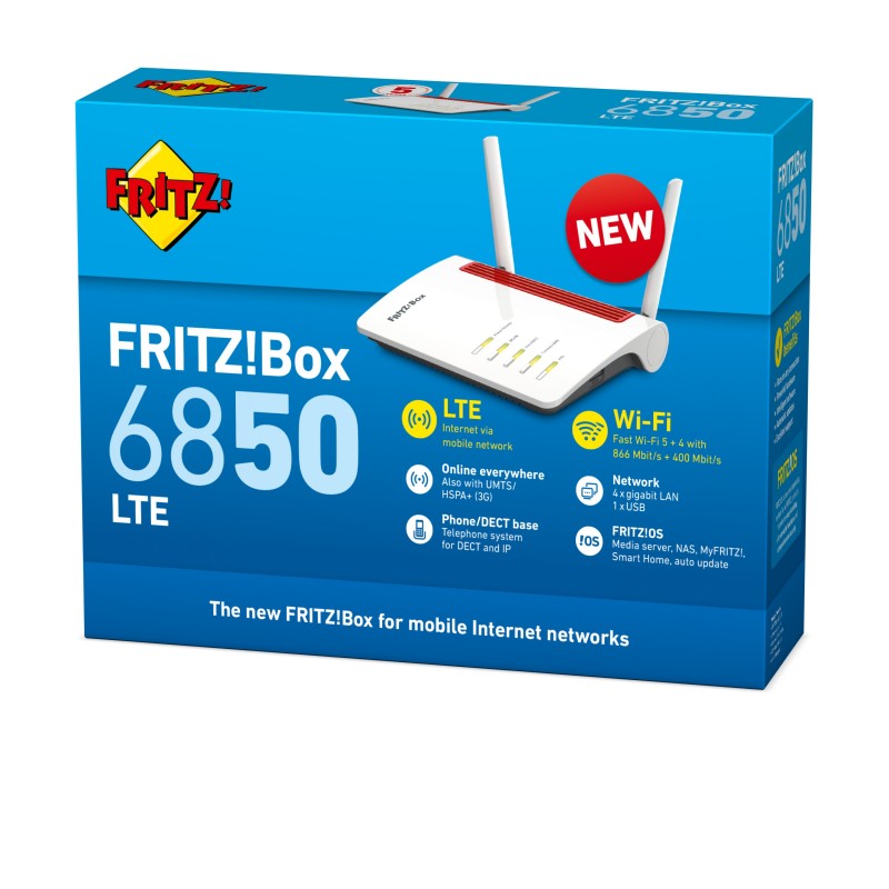 FRITZ!Box 6850 LTE router inalámbrico Gigabit Ethernet Doble banda (2,4 GHz 5 GHz) 3G 4G Rojo, Blanco