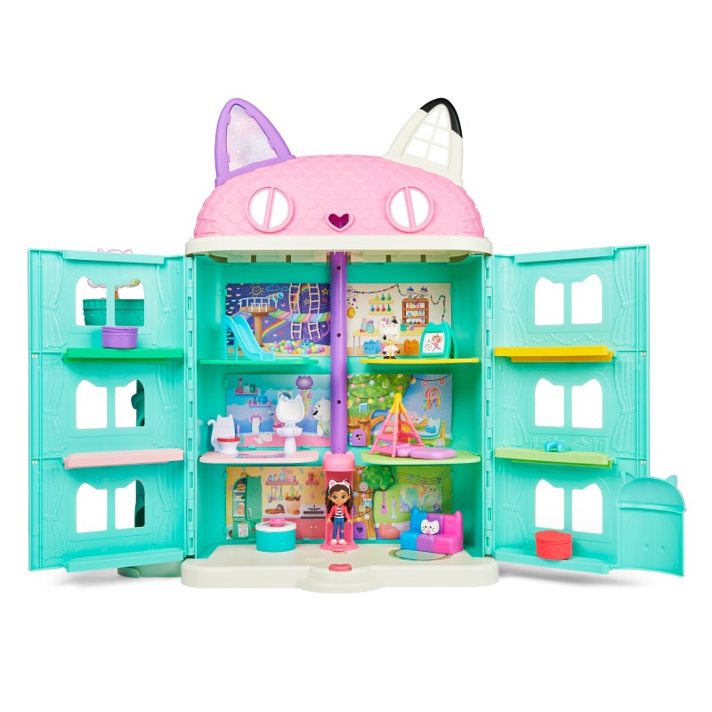 Gabby's Dollhouse Puppenhaus mit 2 Spielzeugfiguren, 8 Möbelstücken, 3 Zubehörteilen, 2 Überraschungsboxen und Geräuschen,