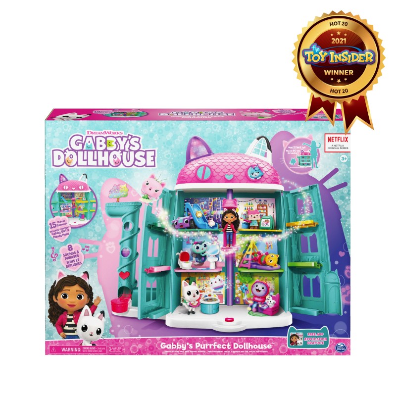 Gabby's Dollhouse Casa de muñecas Purrfect Dollhouse con 2 figuras de juguete, 8 muebles, 3 accesorios, 2 cajas sorpresa y