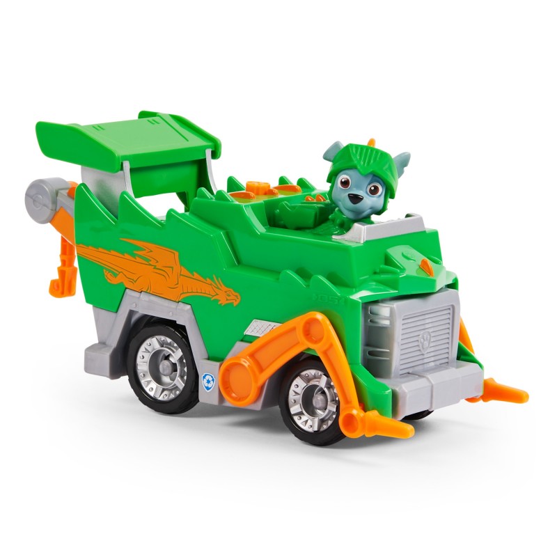 PAW Patrol Rescue Knights Rocky verwandelbares Spielzeugauto mit Actionfigur zum Sammeln