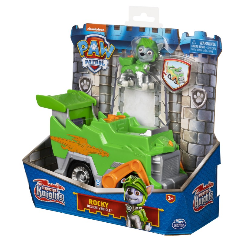 PAW Patrol Vehículo de juguete transformable de Rocky de Rescue Knights con figura de acción coleccionable