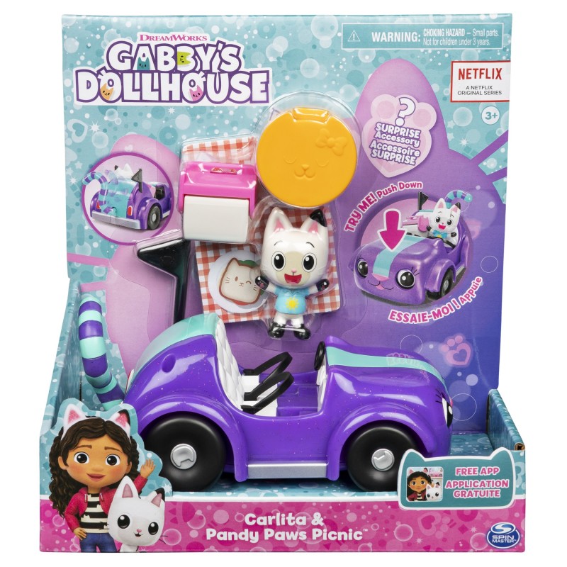 Gabby's Dollhouse , auto giocattolo Carlita con personaggio Pandy Paws da collezione e 2 accessori, giocattoli per bambini dai