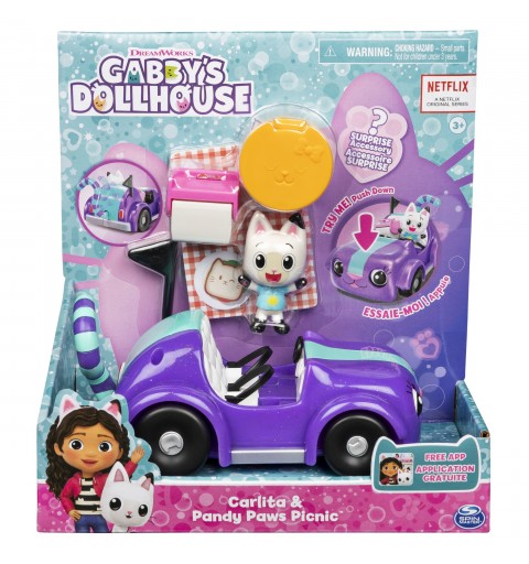 Gabby's Dollhouse , auto giocattolo Carlita con personaggio Pandy Paws da collezione e 2 accessori, giocattoli per bambini dai