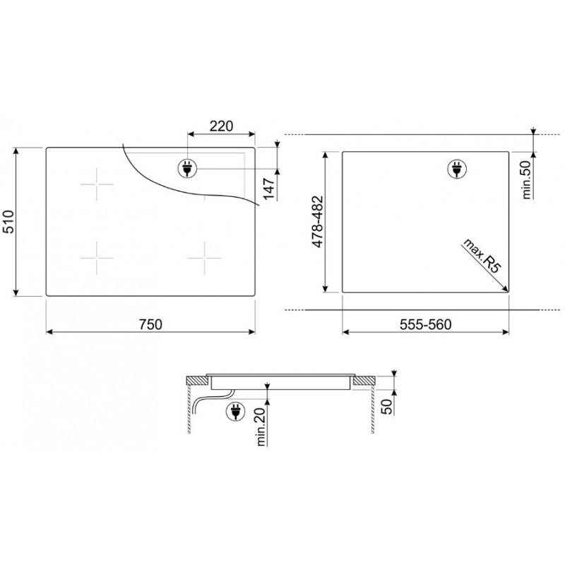 Smeg SIB2741D Kochfeld Schwarz Integriert 75 cm Zonen-Induktionskochfeld 4 Zone(n)