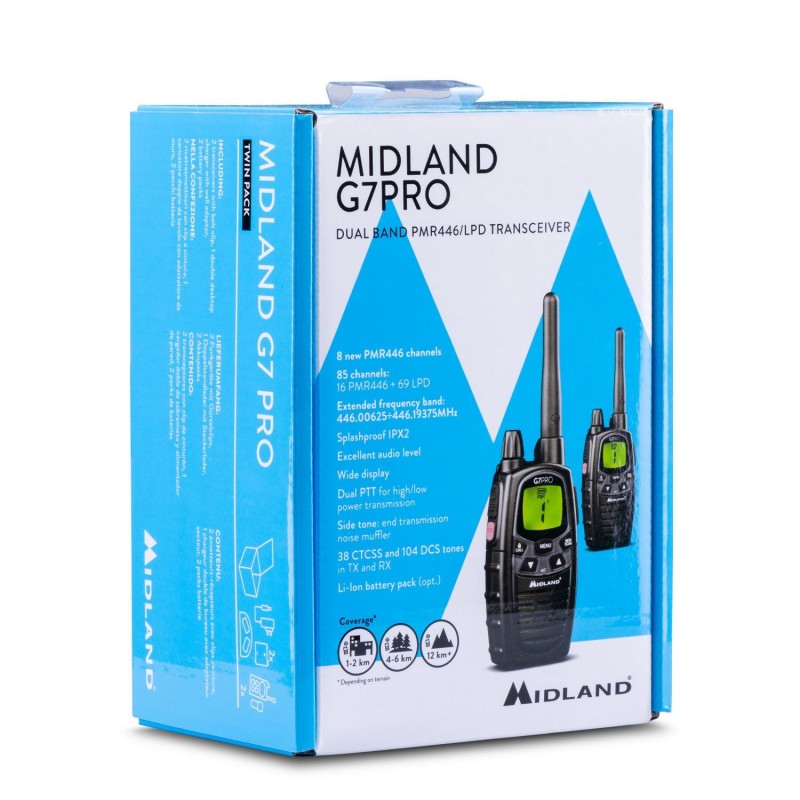 Midland G7 Pro Walkie Talkie radio bidirectionnelle 69 canaux 446.00625 - 446.09375 MHz Noir