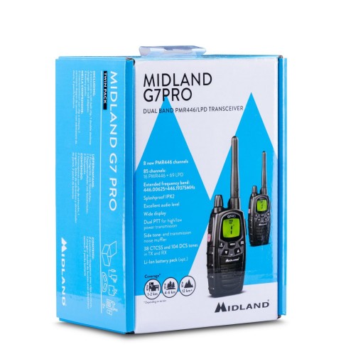 Midland G7 Pro Walkie Talkie radio bidirectionnelle 69 canaux 446.00625 - 446.09375 MHz Noir