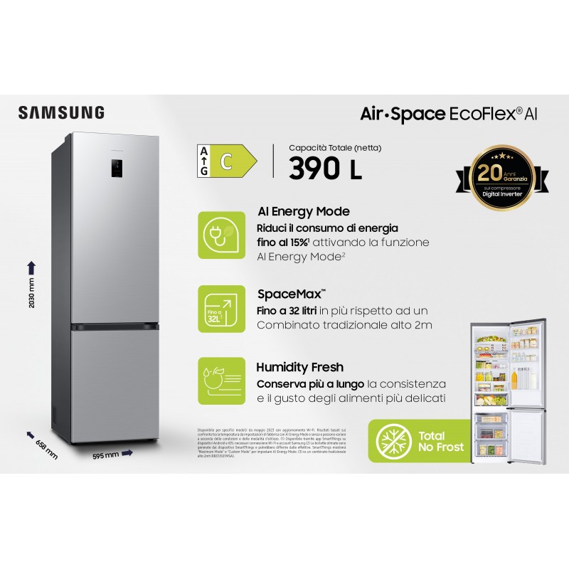 Samsung Frigorifero Combinato EcoFlex AI 2m 390L RB38C672CSA