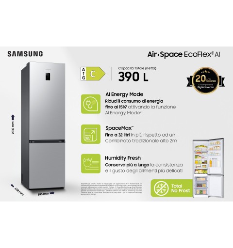 Samsung Frigorifero Combinato EcoFlex AI 2m 390L RB38C672CSA