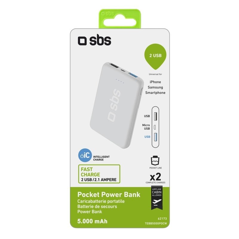 SBS TEBB5000POCW banque d'alimentation électrique Lithium Polymère (LiPo) 5000 mAh Blanc