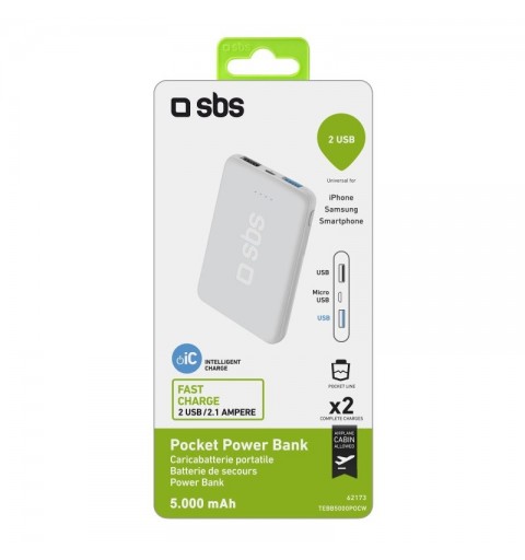 SBS TEBB5000POCW banque d'alimentation électrique Lithium Polymère (LiPo) 5000 mAh Blanc