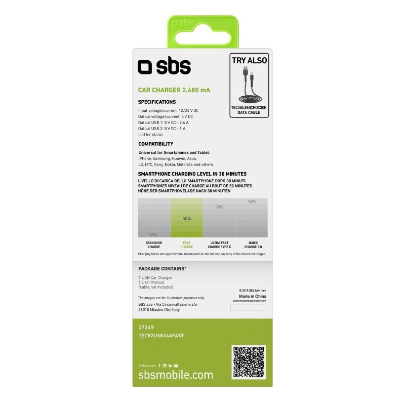 SBS TECR2USB24AFAST Ladegerät für Mobilgeräte Universal Schwarz Zigarettenanzünder Auto