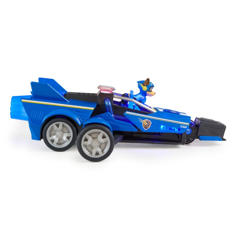 PAW Patrol La patrulla canina la superpelícula, Mighty Transforming Cruiser con figura de acción de Chase de los Mighty Pups,