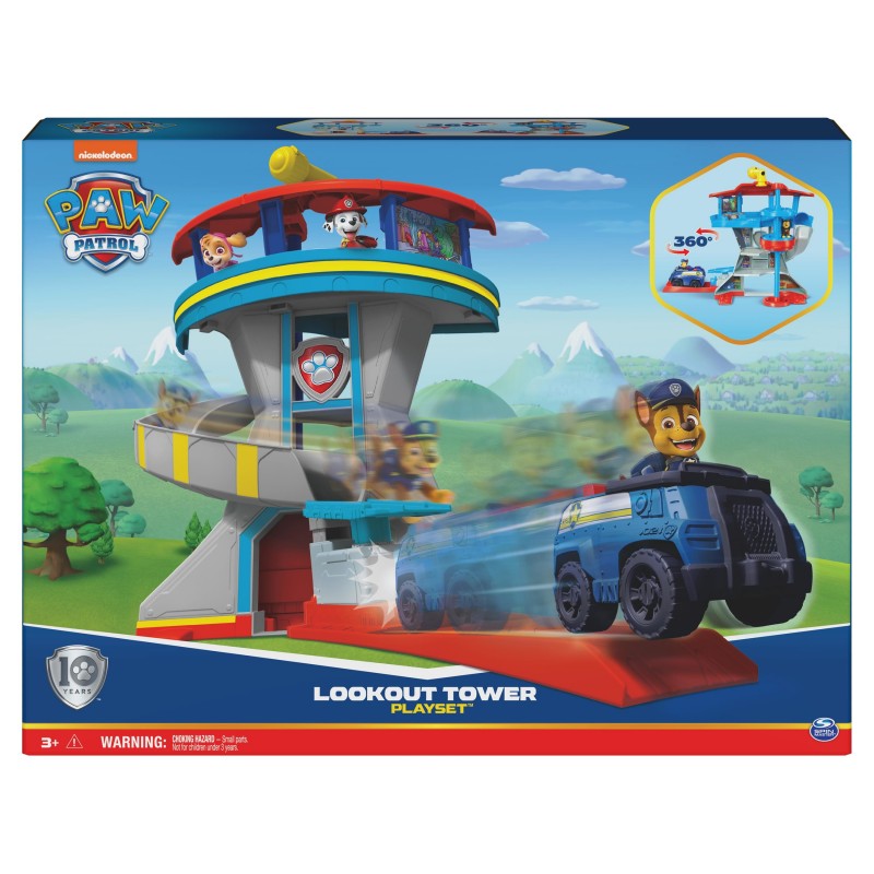 PAW Patrol . 10. Jubiläum, Lookout Tower, Hauptquartier Spielset mit 1 Chase Basis Fahrzeug, 2 Chase Figuren und Zubehör,