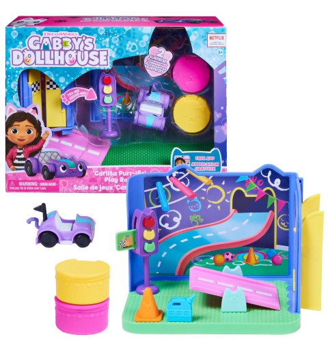 Gabby's Dollhouse Gabby‘s Dollhouse Deluxe Raum, Purr-ific Play Room, Spielzimmer mit Carlita Spielzeugauto, Möbelstücken und