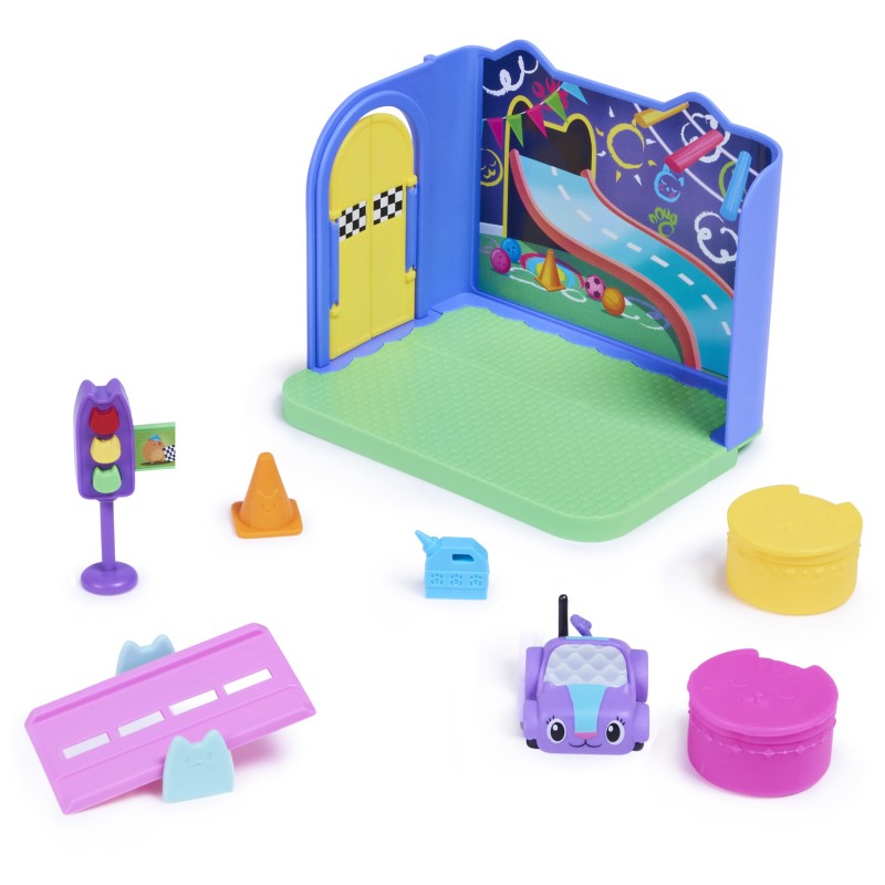 Gabby's Dollhouse , Stanza dei giochi Carlita Purr-ific con la macchinina giocattolo Carlita, accessori, mobili e scatola con