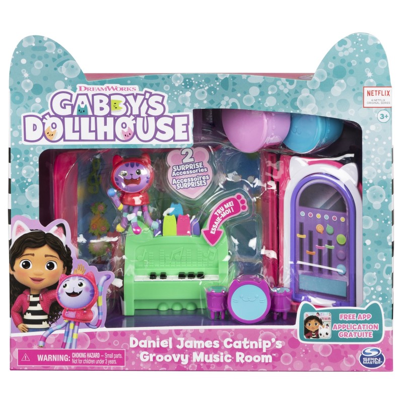 Gabby's Dollhouse , Groovy Music Room con personaggio Daniel James Catnip, 2 accessori, 2 mobili e 2 scatole con sorpresa,