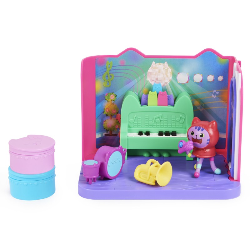 Gabby's Dollhouse , Groovy Music Room con personaggio Daniel James Catnip, 2 accessori, 2 mobili e 2 scatole con sorpresa,