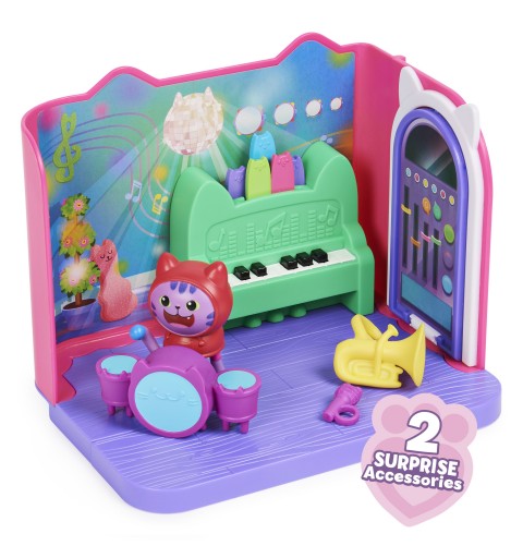 Gabby's Dollhouse , Groovy Music Room con personaggio Daniel James Catnip, 2 accessori, 2 mobili e 2 scatole con sorpresa,