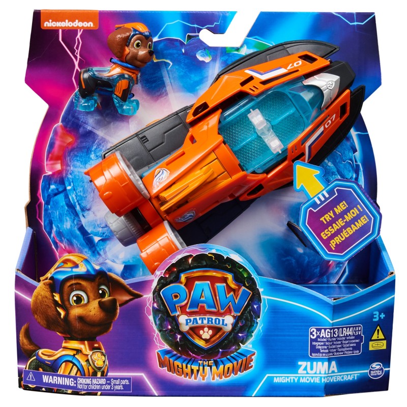 PAW Patrol La patrulla canina la Superpelícula, aerodeslizador de juguete con figura de acción de Zuma de los Mighty Pups,