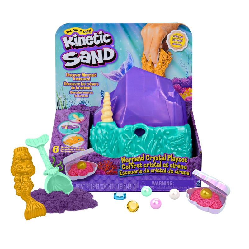 Kinetic Sand , Contenedor de cristal de sirena, 481 g de arena para jugar, arena dorada reluciente, almacenamiento y