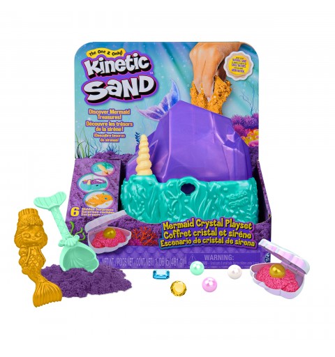 Kinetic Sand , Contenedor de cristal de sirena, 481 g de arena para jugar, arena dorada reluciente, almacenamiento y