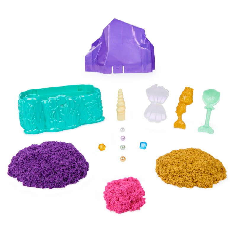 Kinetic Sand , Contenedor de cristal de sirena, 481 g de arena para jugar, arena dorada reluciente, almacenamiento y