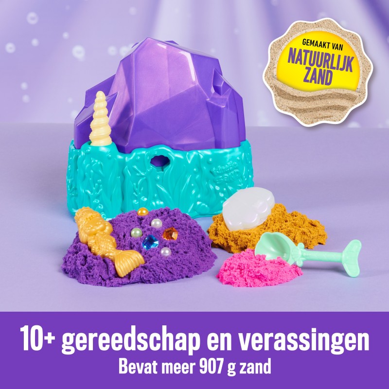 Kinetic Sand , Contenedor de cristal de sirena, 481 g de arena para jugar, arena dorada reluciente, almacenamiento y