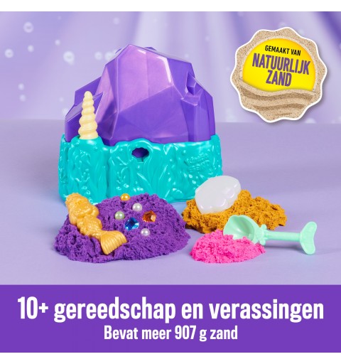 Kinetic Sand , Contenedor de cristal de sirena, 481 g de arena para jugar, arena dorada reluciente, almacenamiento y