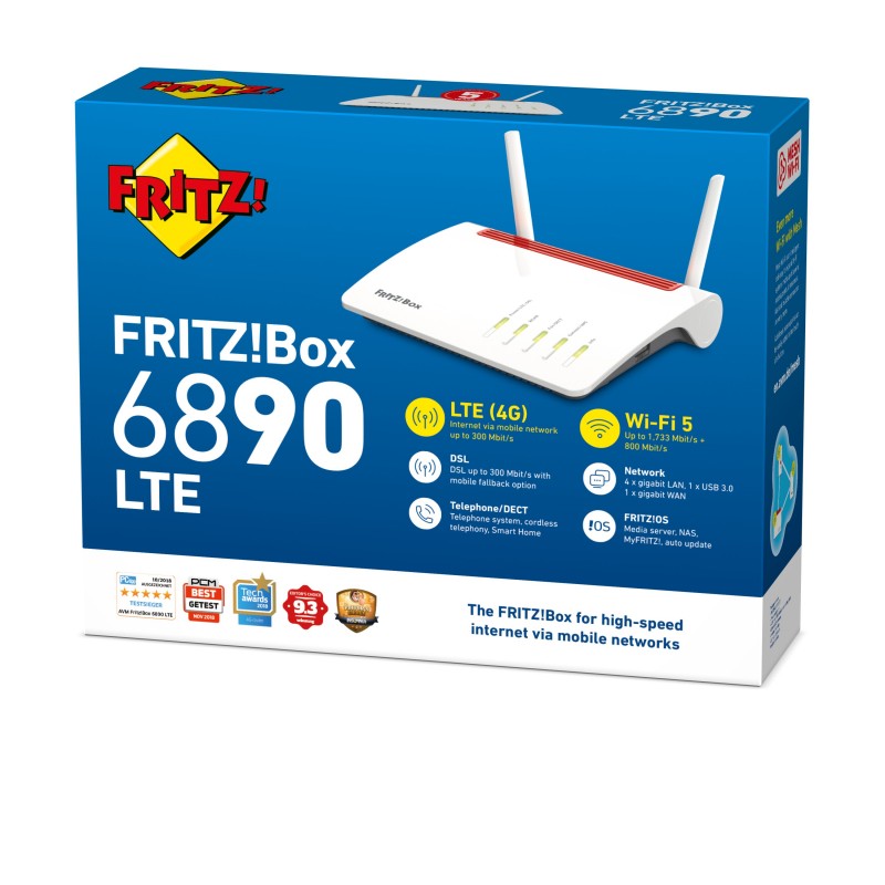 FRITZ!Box Box 6890 LTE router inalámbrico Gigabit Ethernet Doble banda (2,4 GHz 5 GHz) 4G Rojo, Blanco