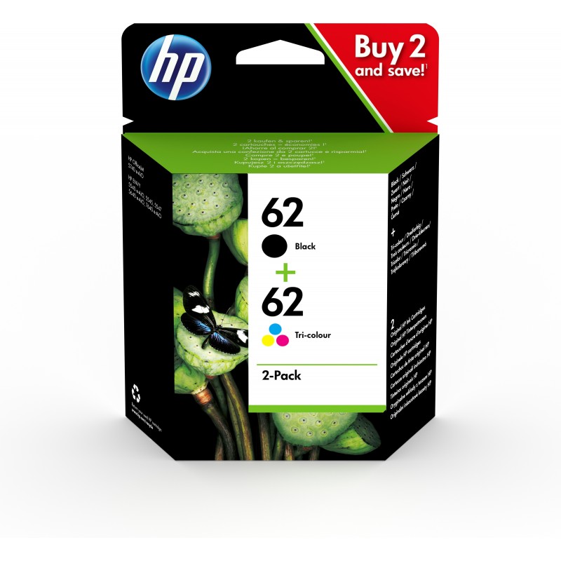 HP 62 pack de 2 cartouches authentiques d'encre noire trois couleurs